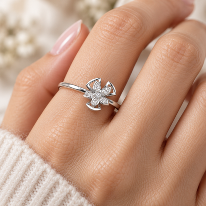 Dainty Flower Silver Ring — model-worn view