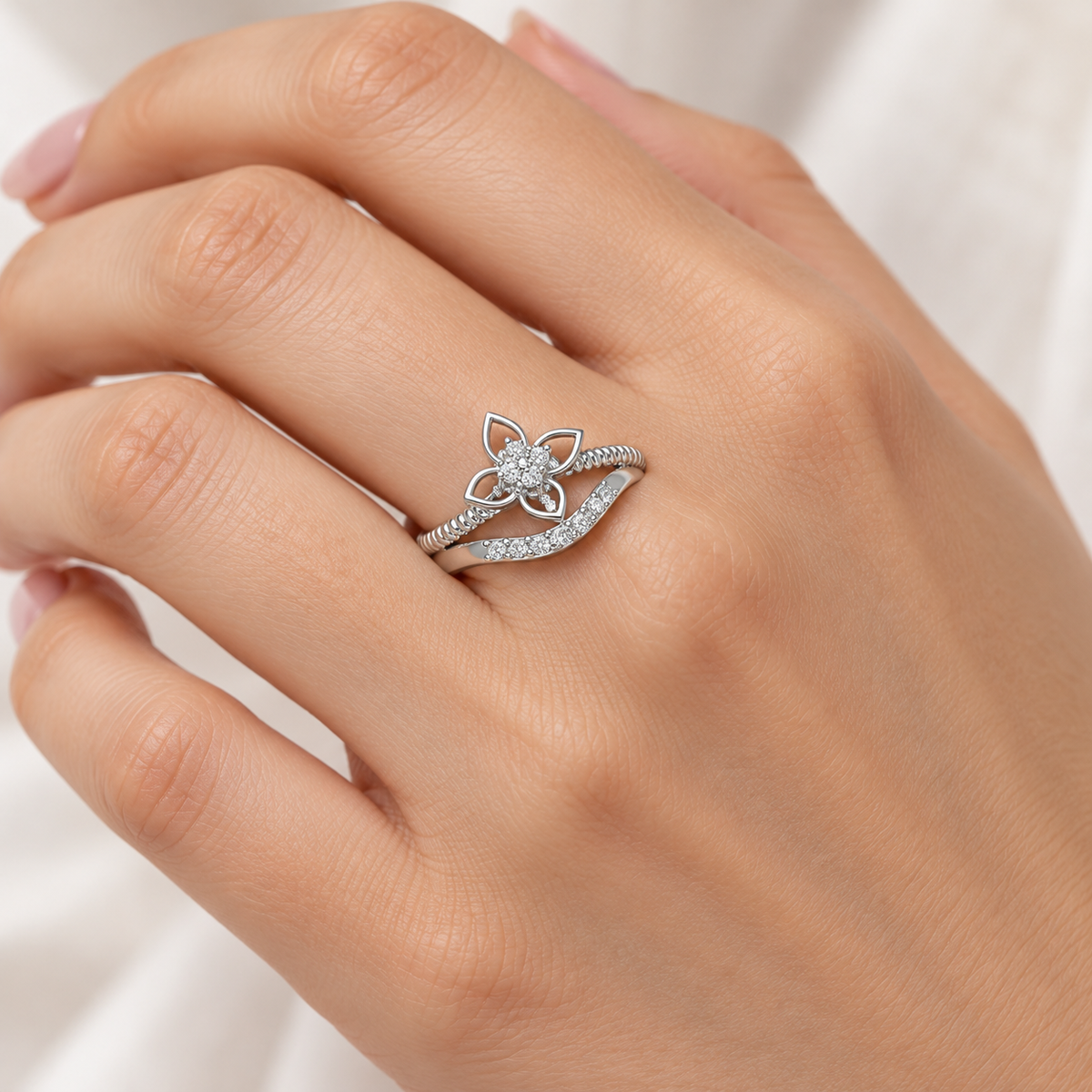 Cue Flower Silver Ring square model-worn