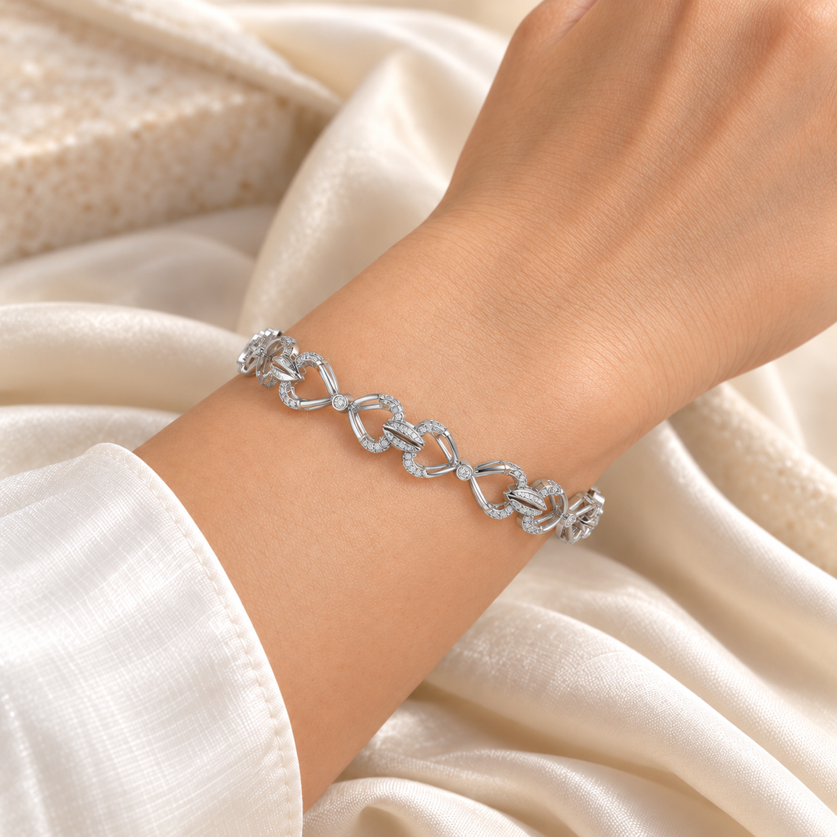 Flora Locked Silver Bangles - White Gold worn on wrist