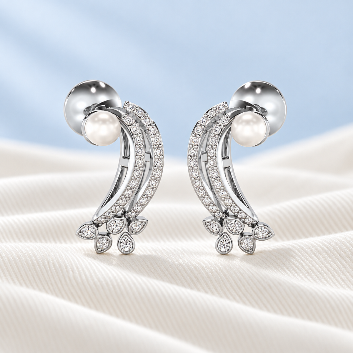 Flora-Tide Silver Pearl Earrings - White Gold - Aesthetic