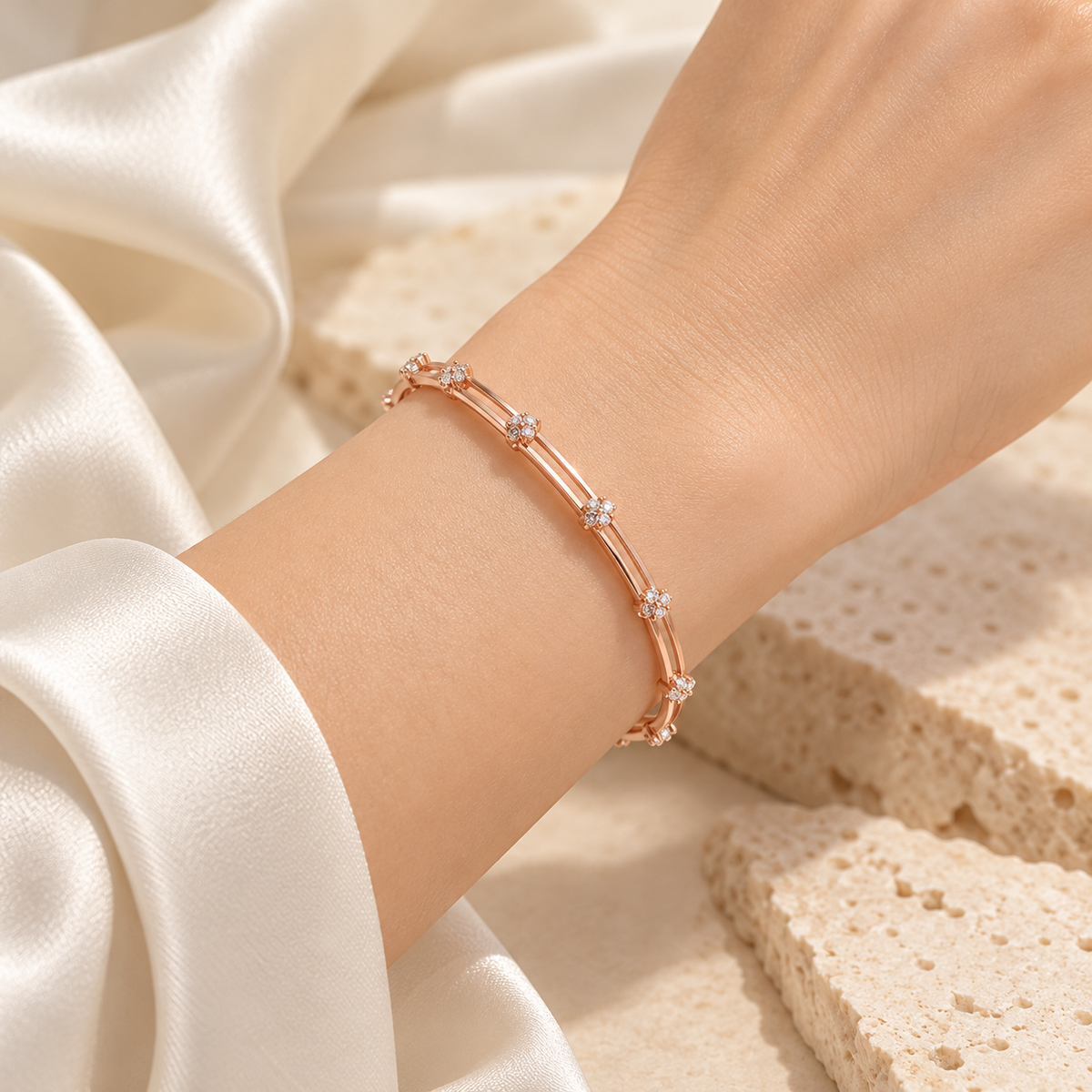 Floral Silver Bangles Rose Gold worn on wrist