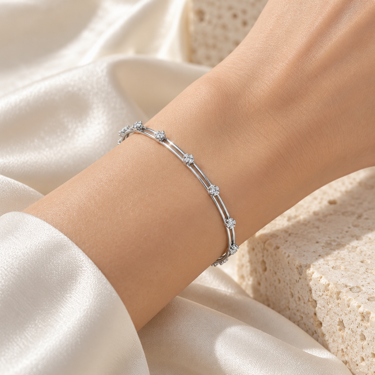 Floral Silver Bangles White Gold worn on wrist