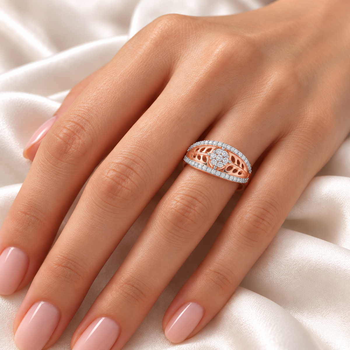Flower Bouquet Silver Ring - Rose Gold - Model Worn