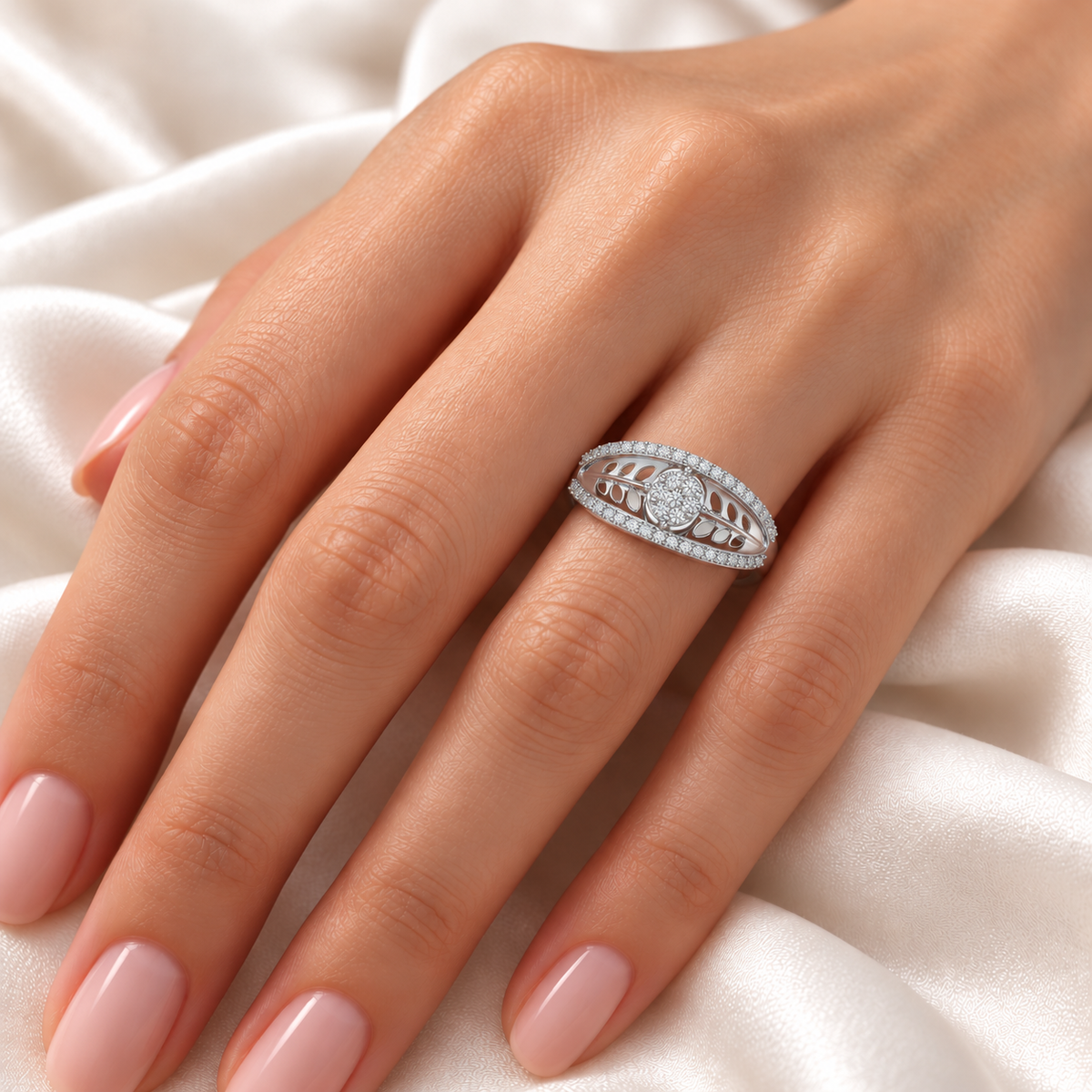 Flower Bouquet Silver Ring - White Gold - Model Worn
