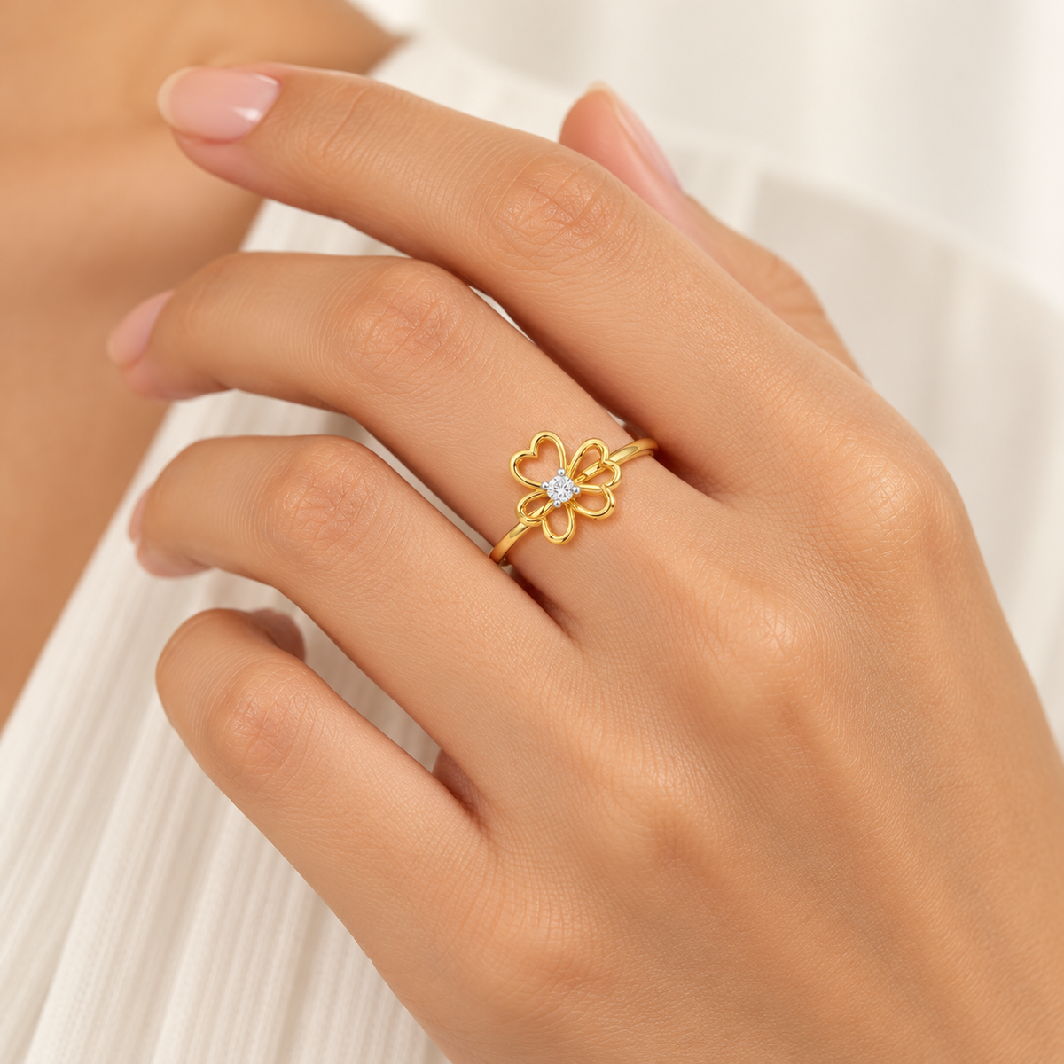 Flower Chord Silver Ring, yellow gold, worn on hand