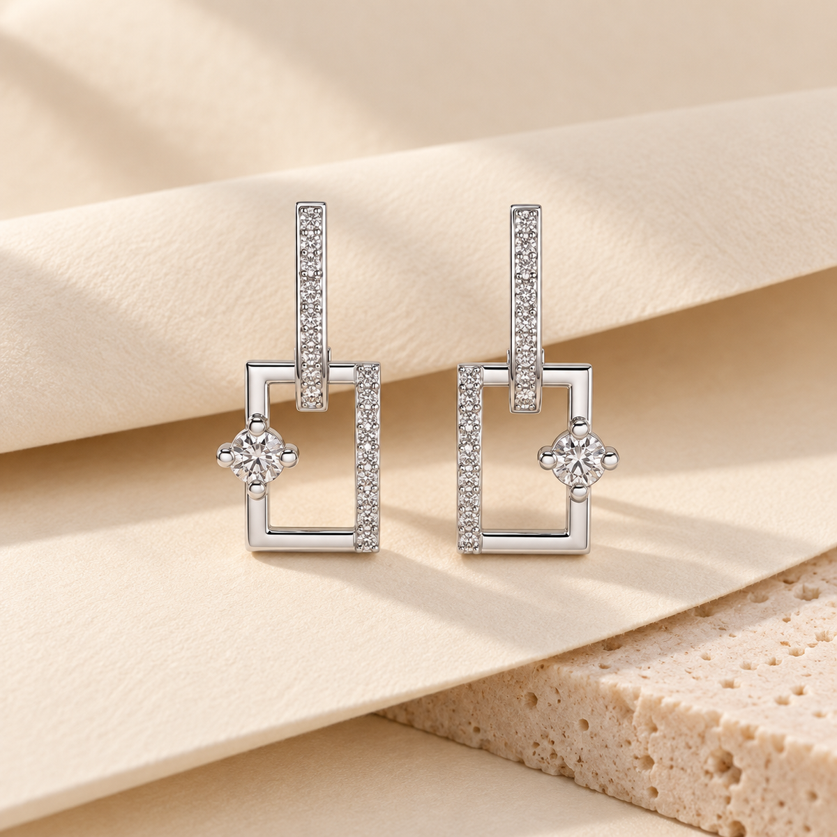 Divine Square Hanging Earrings - Silver - Aesthetic