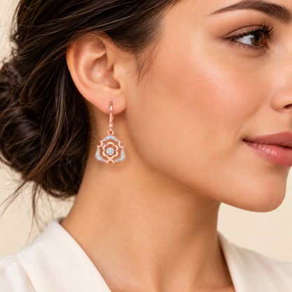Intricate Floral Drops Earrings - Rose Gold - Model