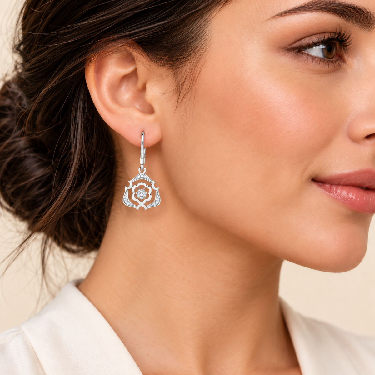 Intricate Floral Drops Earrings - Silver - Model
