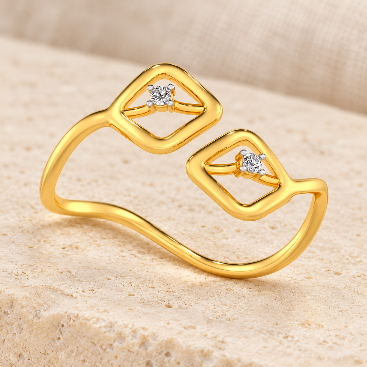 Inverted Twigs Silver Ring, gold finish, lying aesthetic view, square