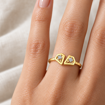 Crystal Silver Ring, gold finish, model worn on one finger, square