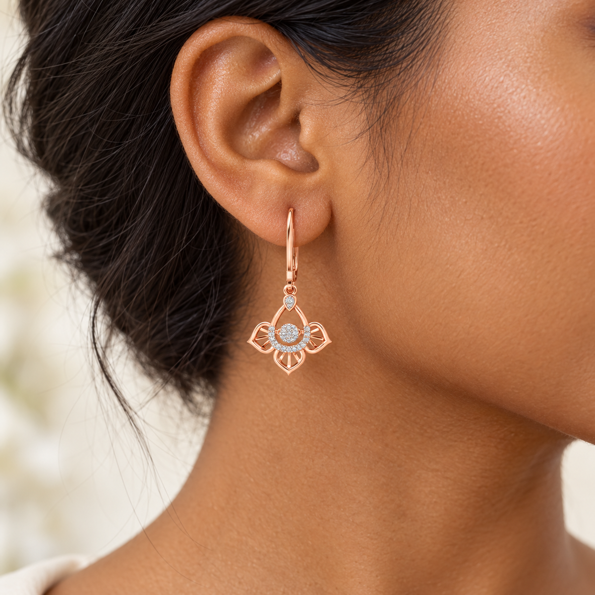 Graceful Floral Drops Earrings - Rose Gold - Model