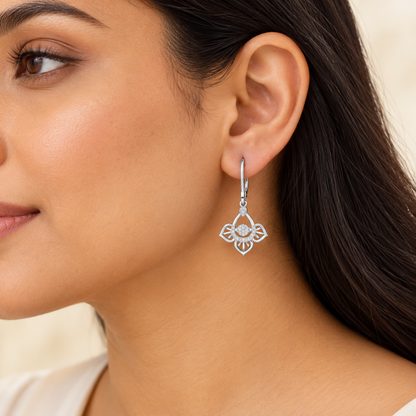 Graceful Floral Drops Earrings - White Gold - Model