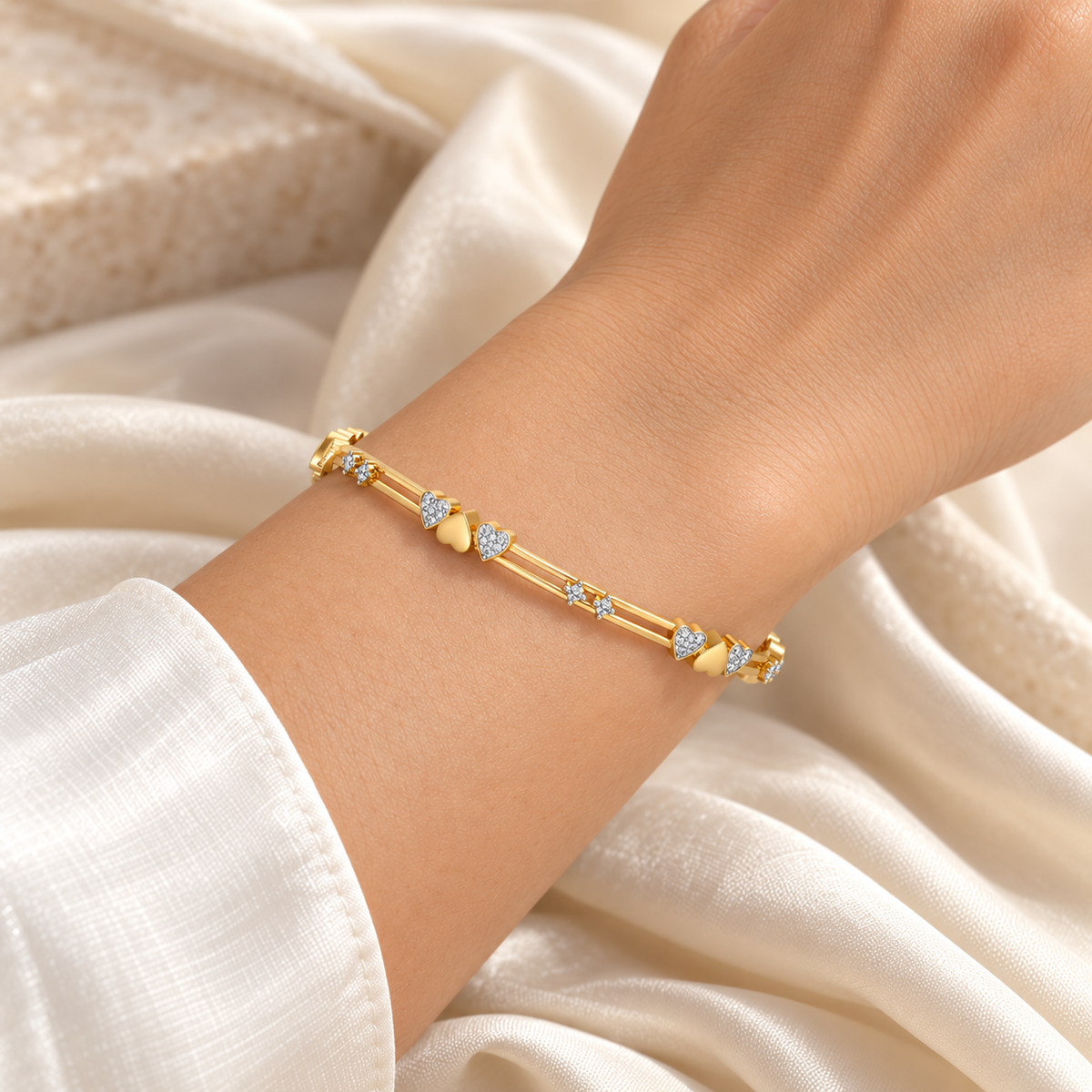 Heartly Silver Bangles - Yellow Gold - Square wrist model photo