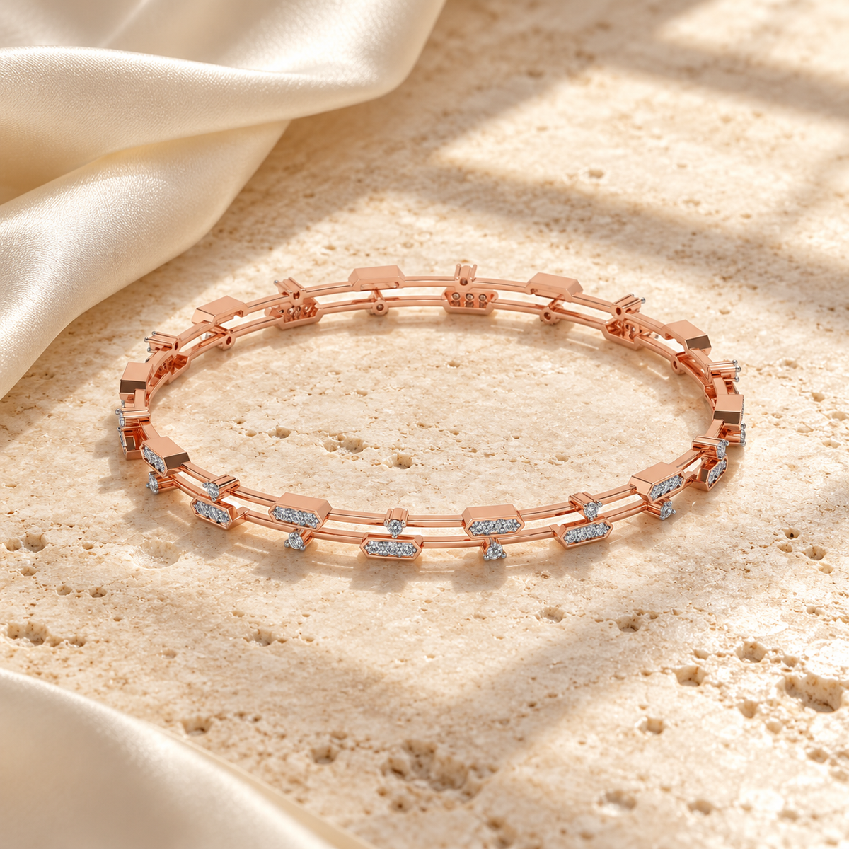 Hesperos Silver Bangles - Rose Gold - Square travertine and silk aesthetic