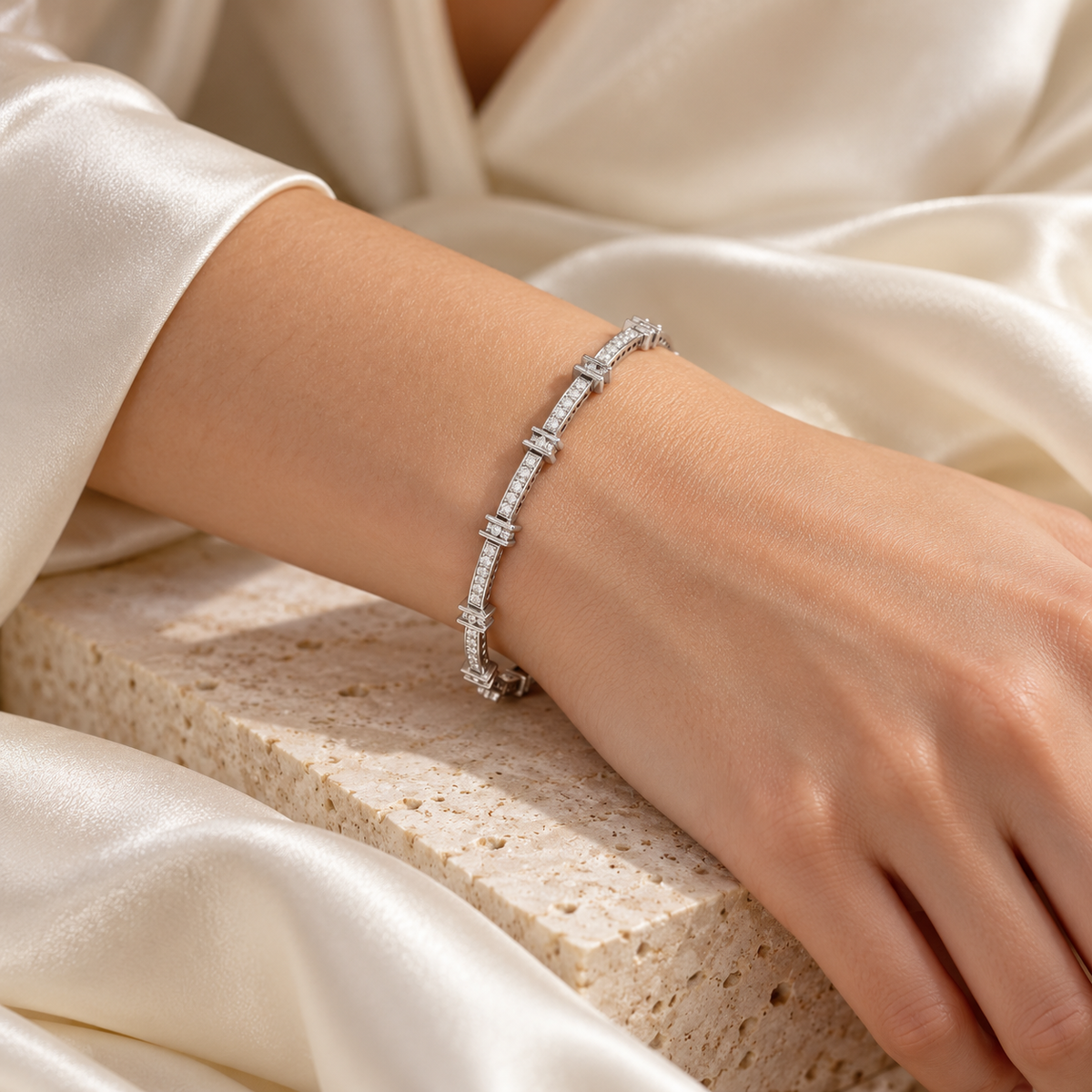 Indus Silver Bangles - White Gold - Worn on wrist model photo