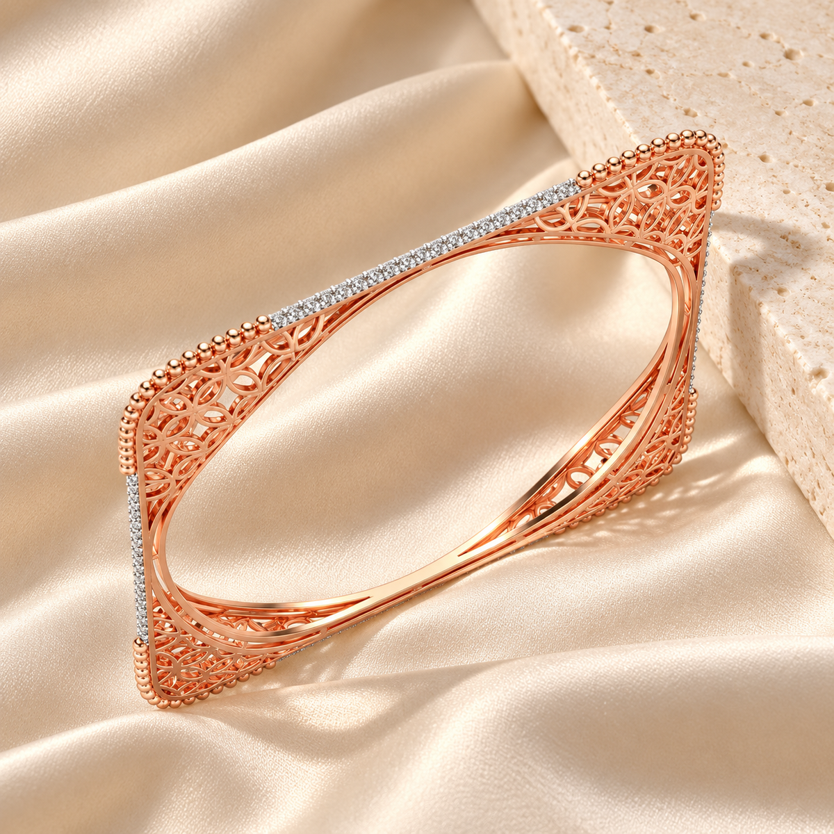 Izar Silver Bangles Rose Gold cuff on ivory silk and travertine