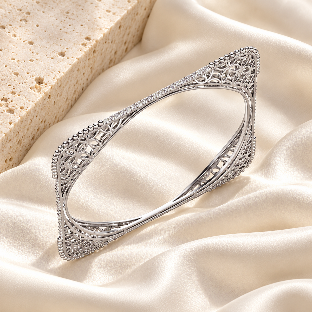 Izar Silver Bangles White Gold cuff on ivory silk and stone