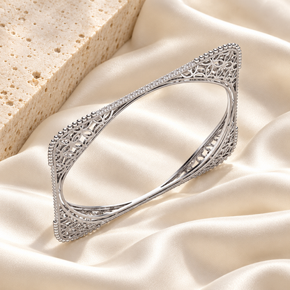 Izar Silver Bangles White Gold cuff on ivory silk and stone