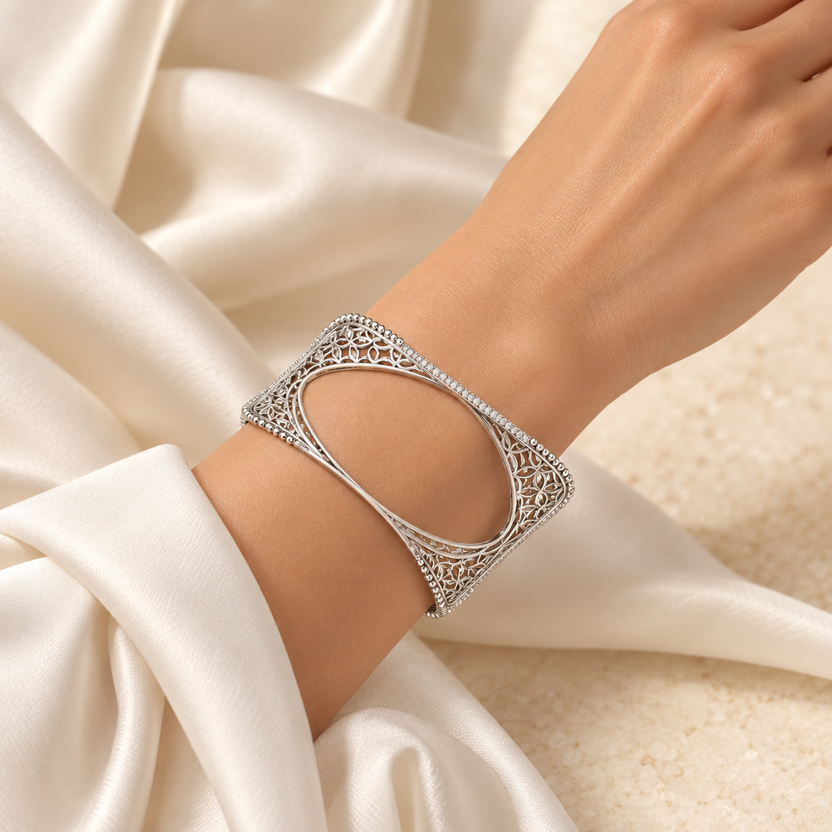 Izar Silver Bangles - White Gold cuff worn on wrist