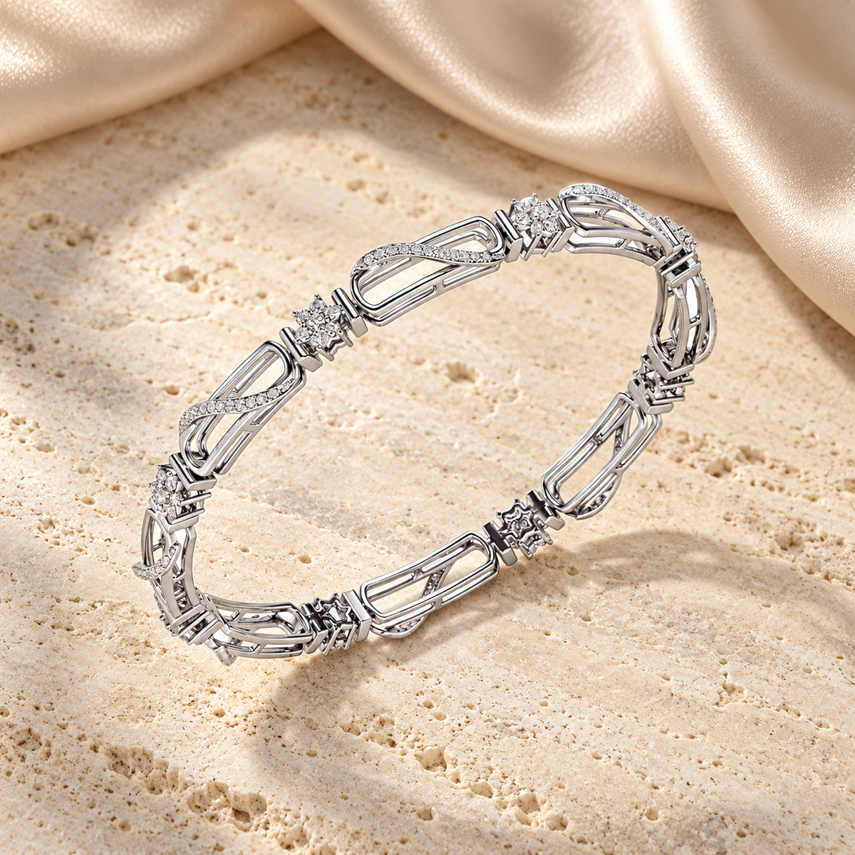 Just Fab Silver Bangles in white gold on travertine and champagne silk