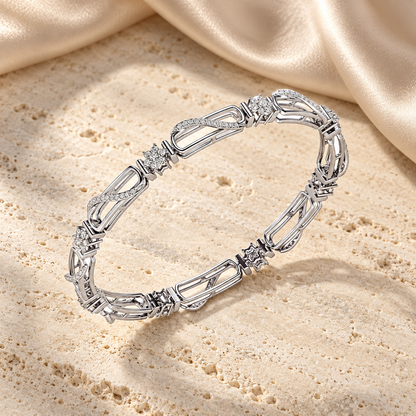 Just Fab Silver Bangles in white gold on travertine and champagne silk