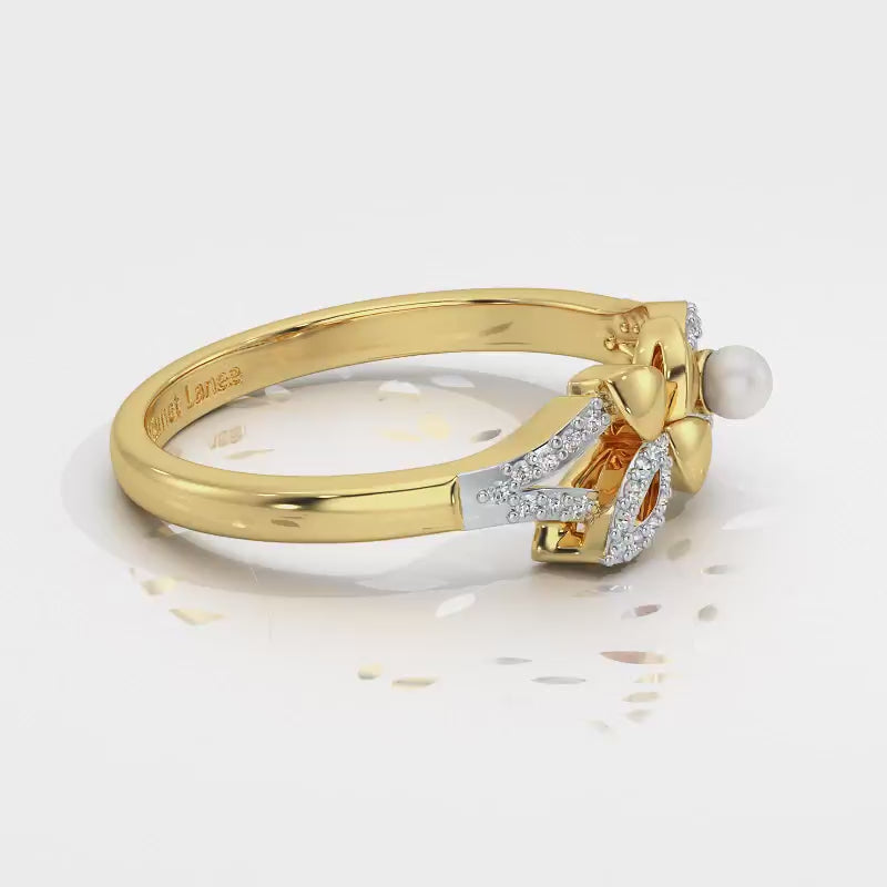 Plant Drop Silver Pearl Ring - Yellow Gold Video