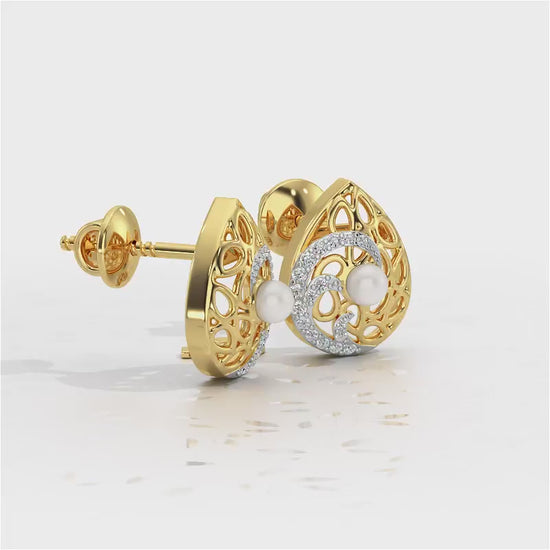 Intricate Silver Pearl Earrings - Yellow Gold Video