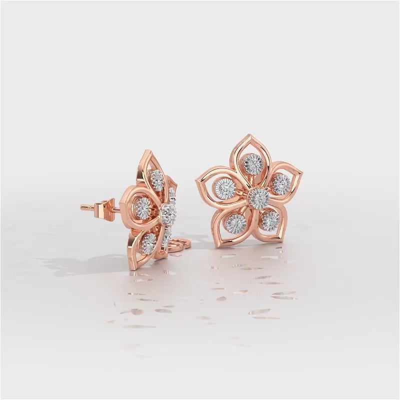 Charm Florel Silver Earring Studs - Rose Gold Video