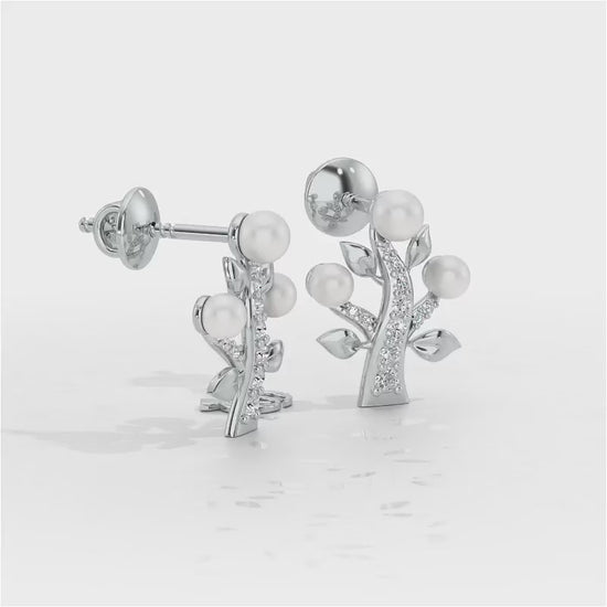Life Tree Silver Pearl Earrings - White Gold Video