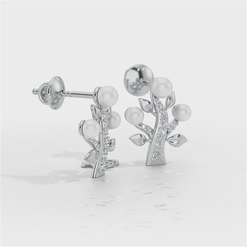 Life Tree Silver Pearl Earrings - White Gold Video