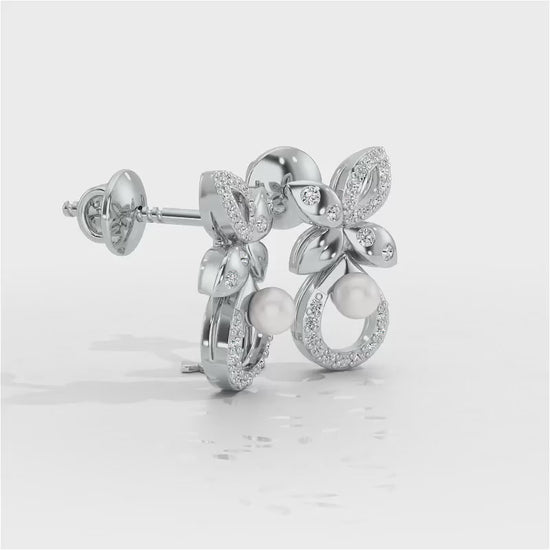 Plant Drop Silver Pearl Earrings - White Gold Video