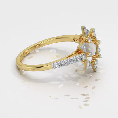 Snow Flake Silver Pearl Ring - Yellow Gold Video