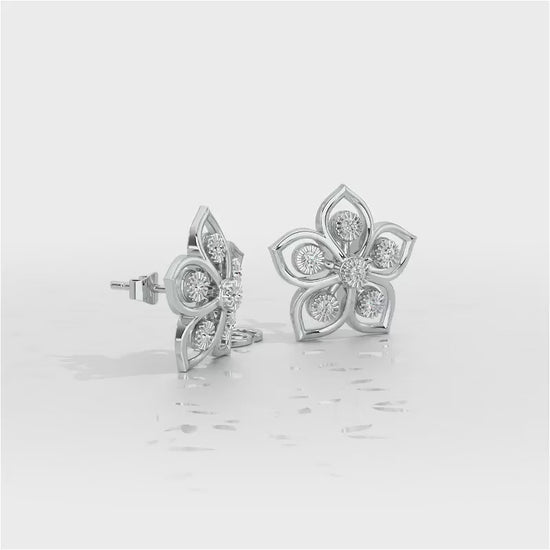Charm Florel Silver Earring Studs - White Gold Video