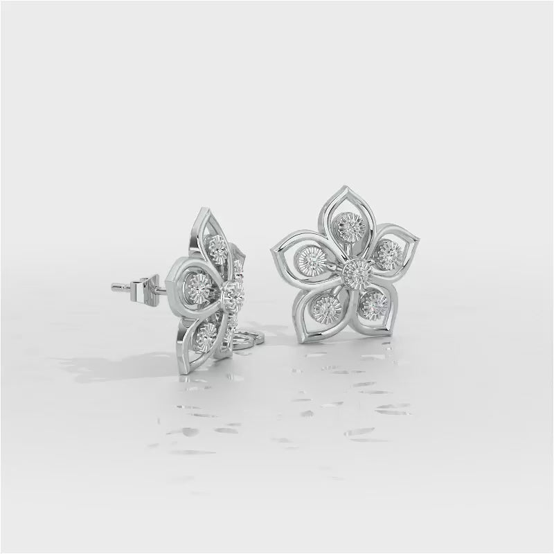 Charm Florel Silver Earring Studs - White Gold Video
