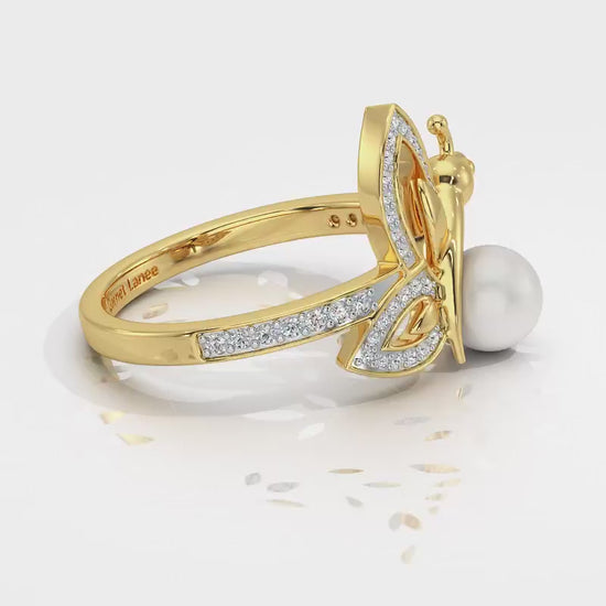 Winged Silver Pearl Ring - Yellow Gold Video