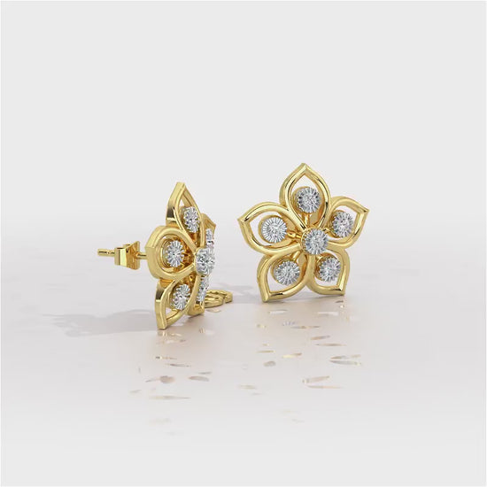 Charm Florel Silver Earring Studs - Yellow Gold Video