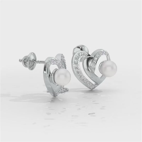 Cosmo-Heart Silver Pearl Earrings - White Gold Video