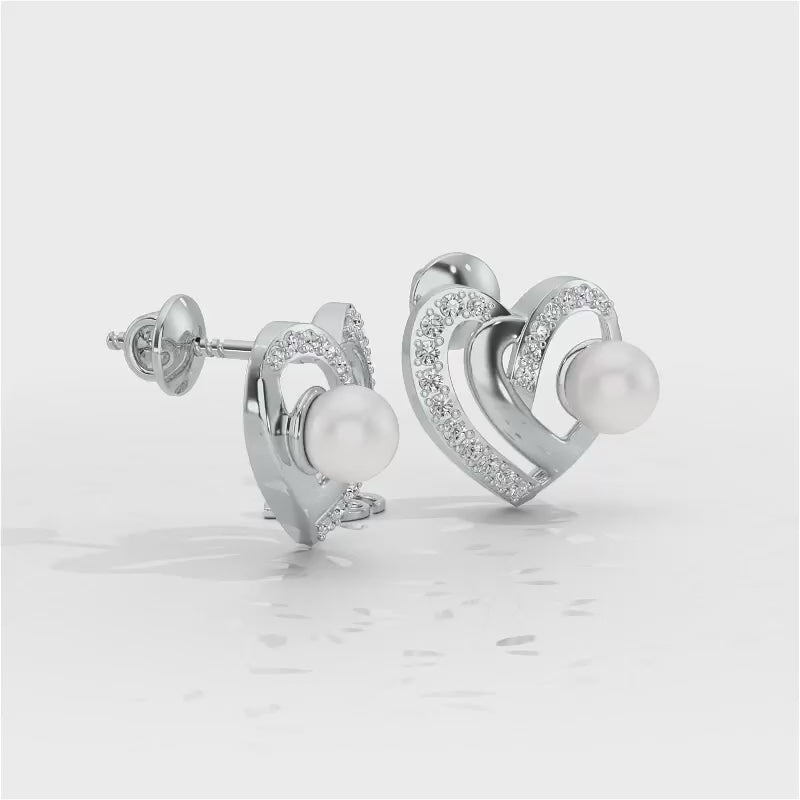 Cosmo-Heart Silver Pearl Earrings - White Gold Video