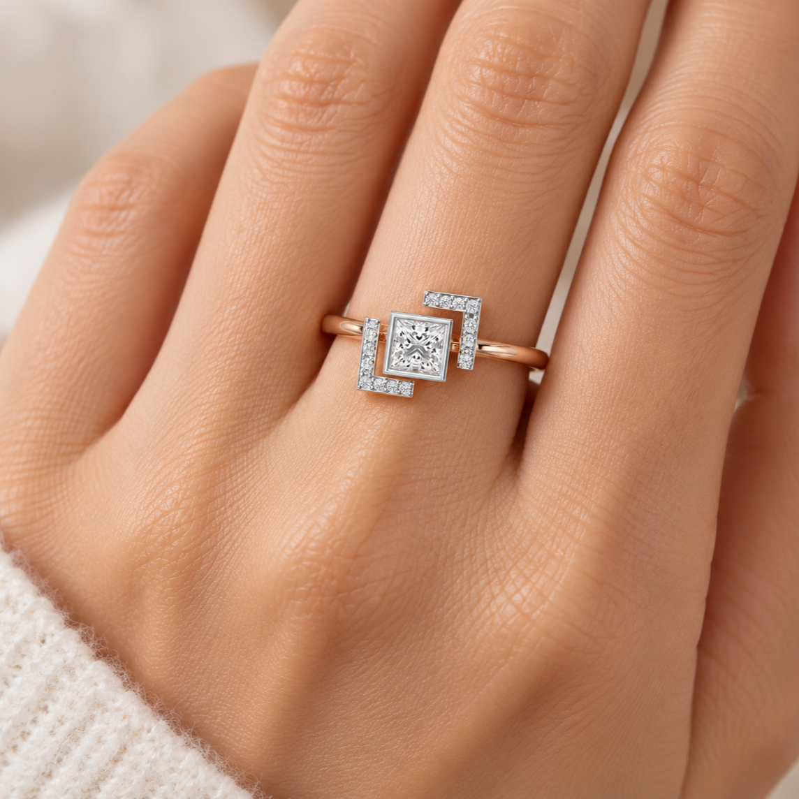 Blue in Frame Silver Ring - Rose Gold - Model, square