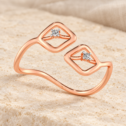 Inverted Twigs Silver Ring, rose finish, lying aesthetic view, square