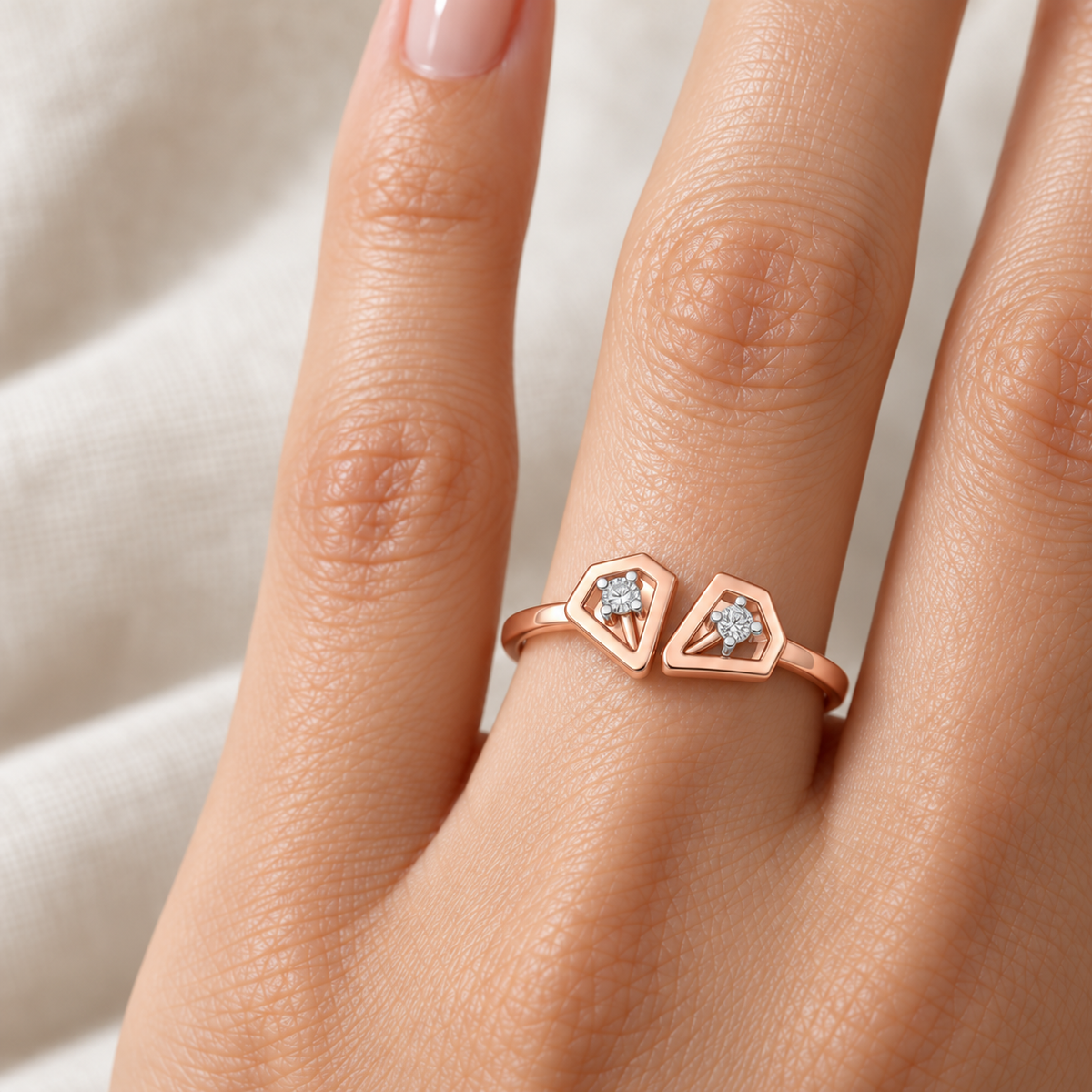 Crystal Silver Ring, rose finish, model worn on one finger, square