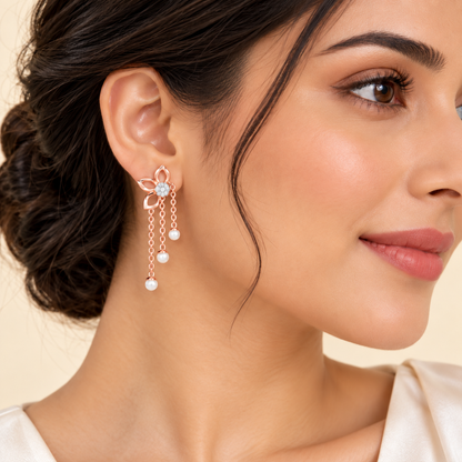 Semi-Bloom Silver Dangler Earrings - Rose Gold - Model