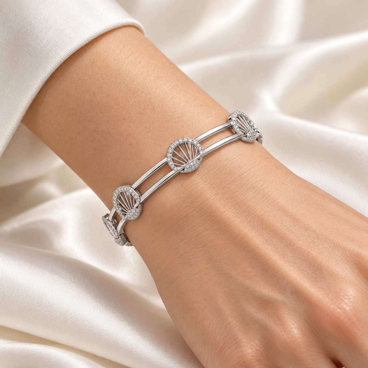 Shine Chase Silver Bangles - White Gold - Worn on wrist model photo