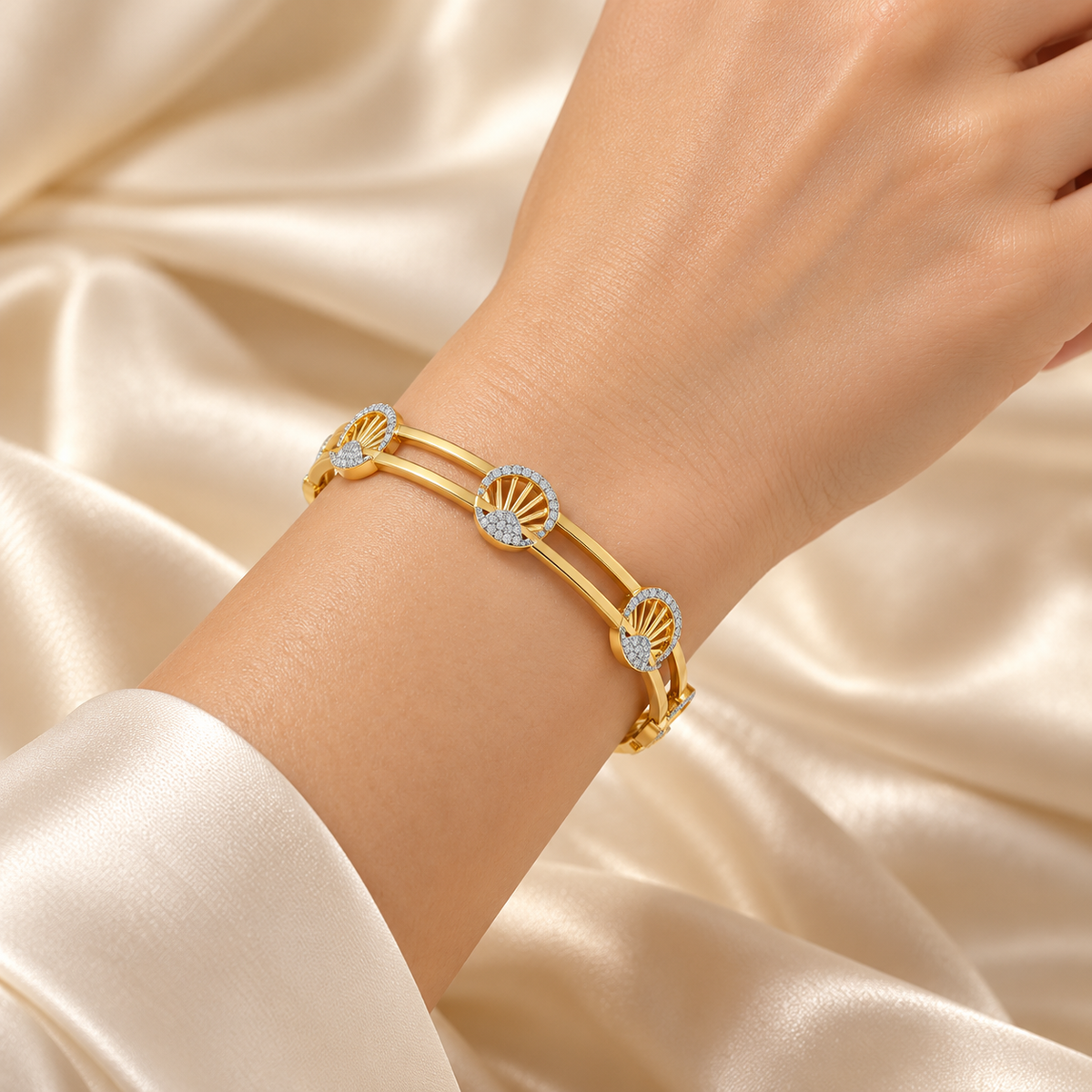 Shine Chase Silver Bangles - Yellow Gold - Worn on wrist model photo