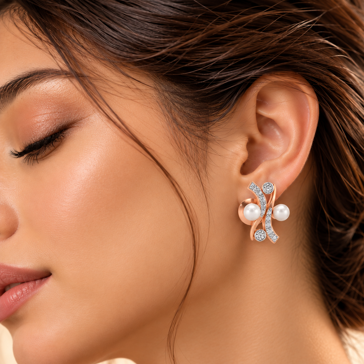 Subtle Silver Pearl Earrings - Rose Gold - Model
