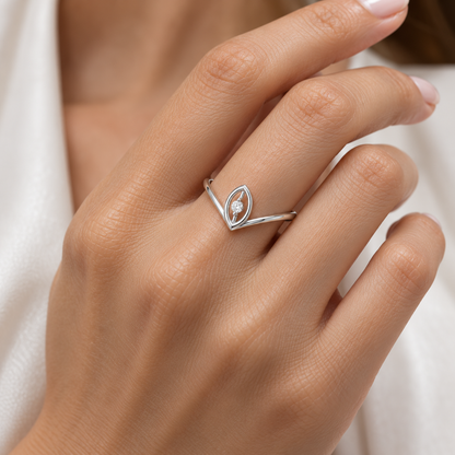 Vertical Eye Silver Ring, white gold, worn on hand