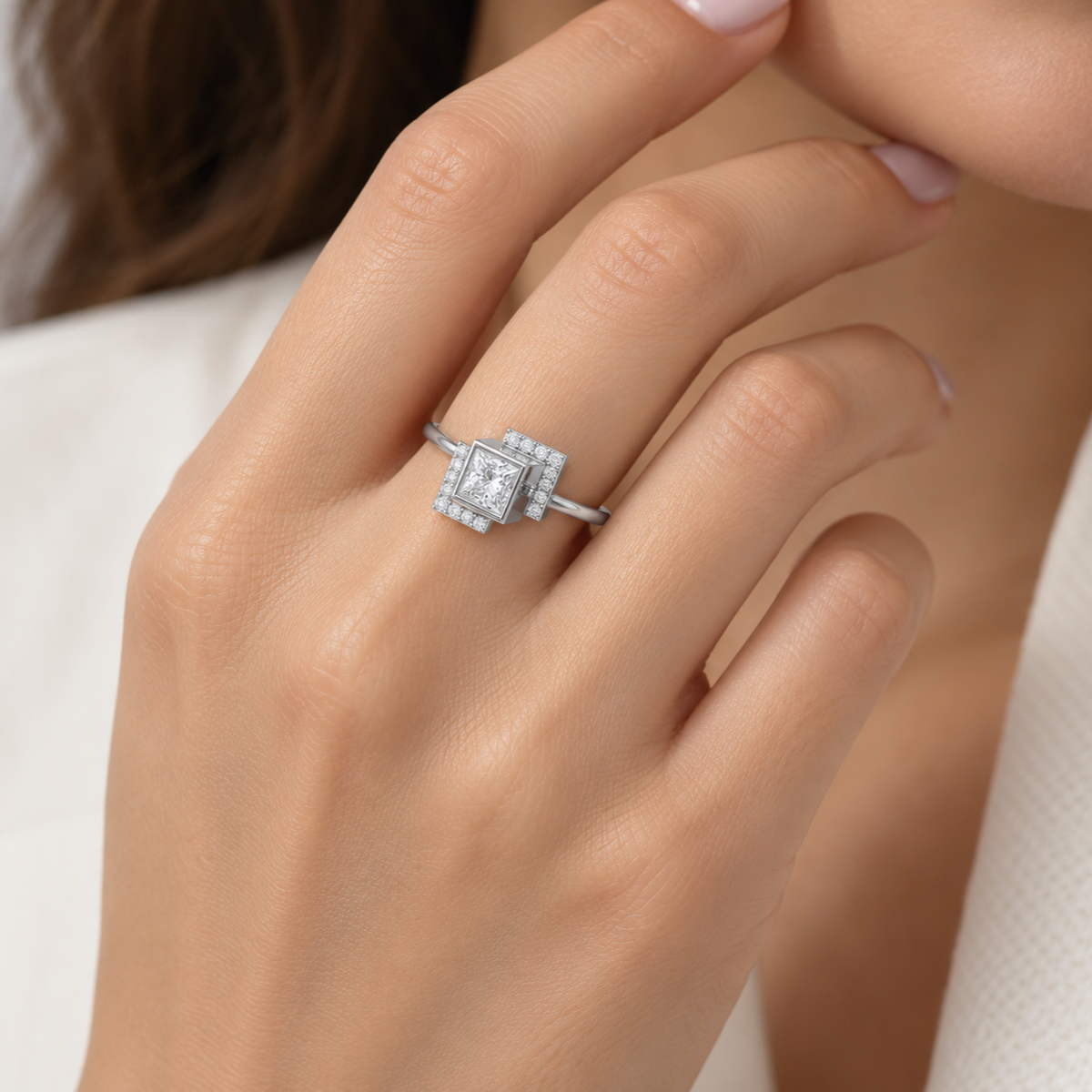 Blue in Frame Silver Ring - White Gold - Model, square