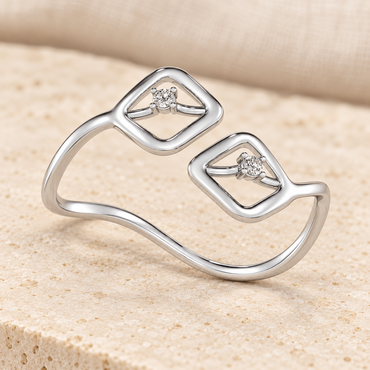 Inverted Twigs Silver Ring, white finish, lying aesthetic view, square