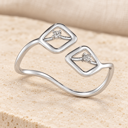 Inverted Twigs Silver Ring, white finish, lying aesthetic view, square