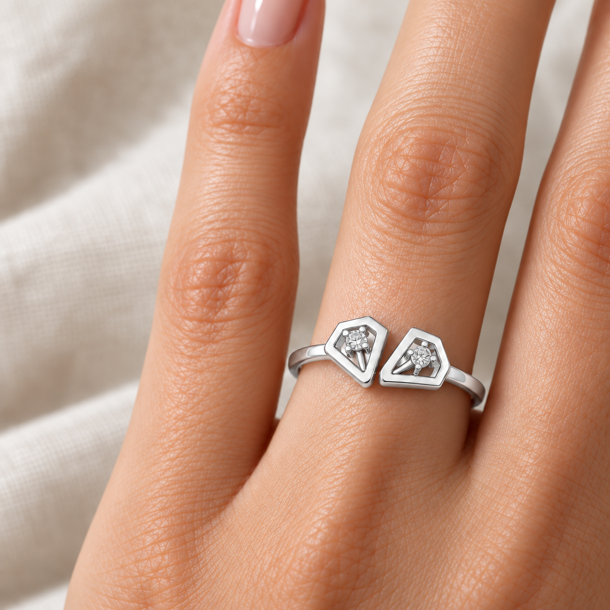 Crystal Silver Ring, white finish, model worn on one finger, square